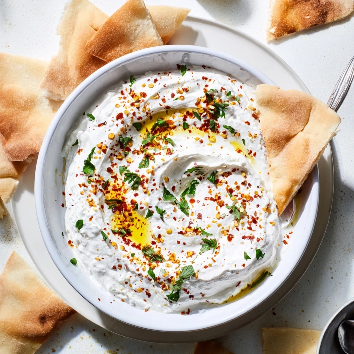 Freshly made Tyrokafteri dip served with warm pita bread and crunchy vegetable crudités.