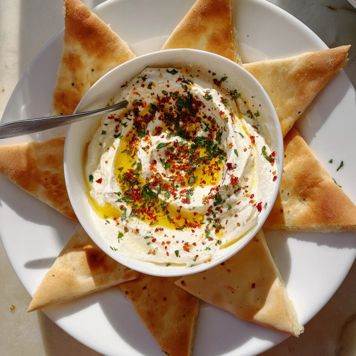 Zesty Tyrokafteri appetizer garnished with parsley and red pepper flakes, perfect for a mezze platter.