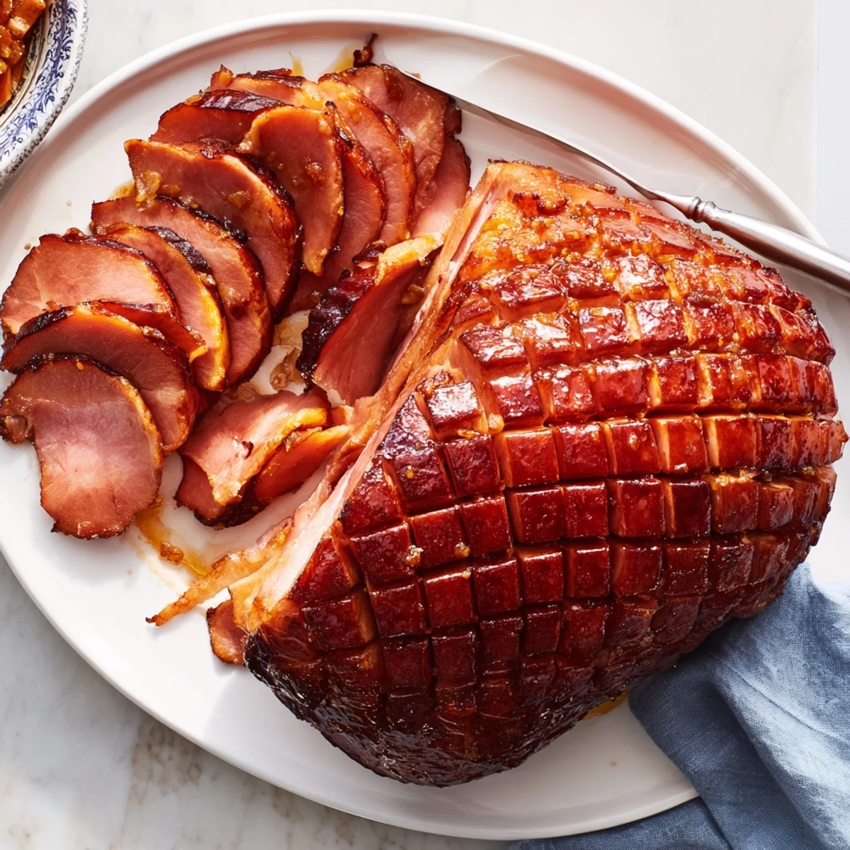 A close-up of a glazed Baked Ham with Maple Dijon Glaze, glistening on a serving platter with herbs and citrus slices.