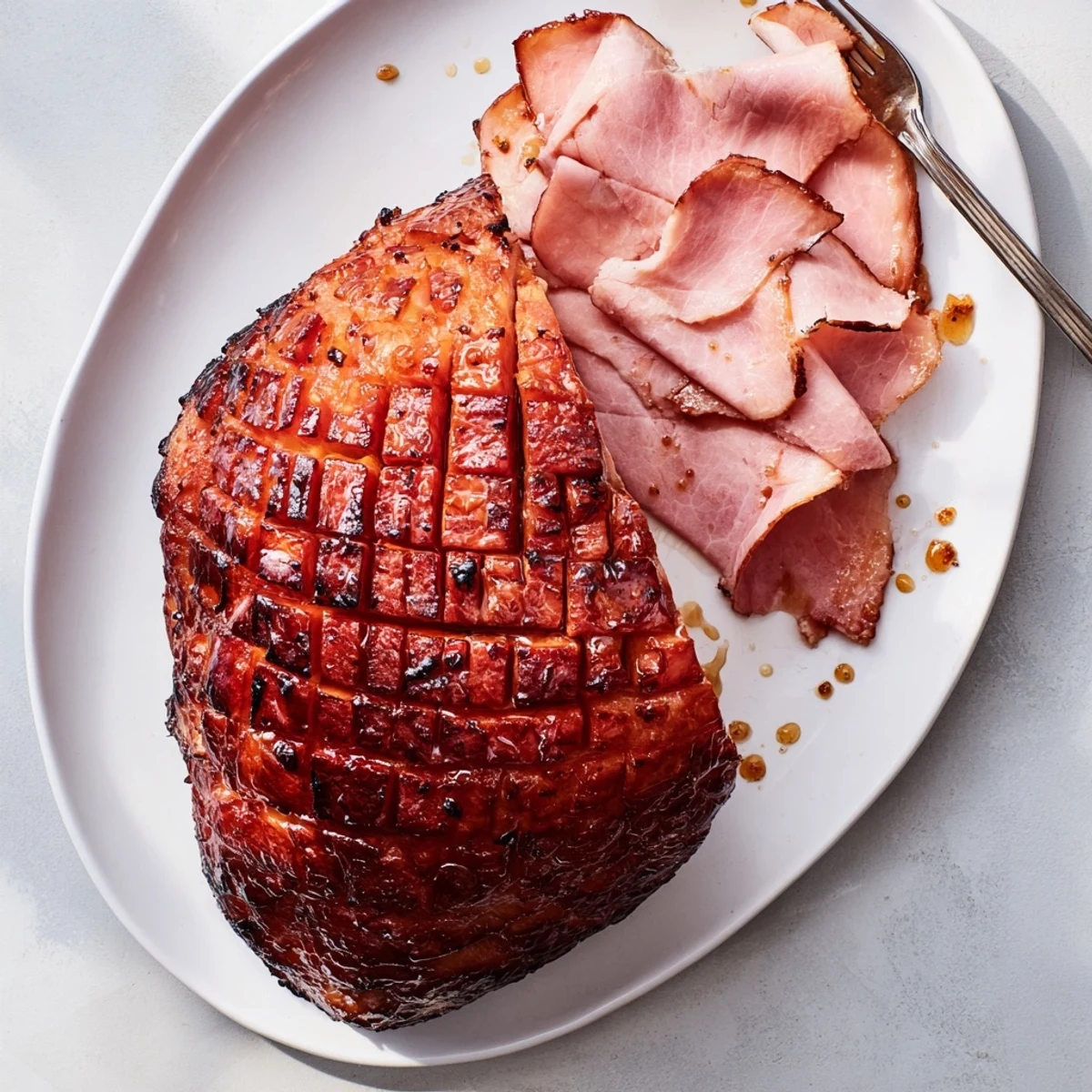 Sliced Baked Ham with Maple Dijon Glaze reveals juicy pink meat, ideal for a festive holiday dinner table.
