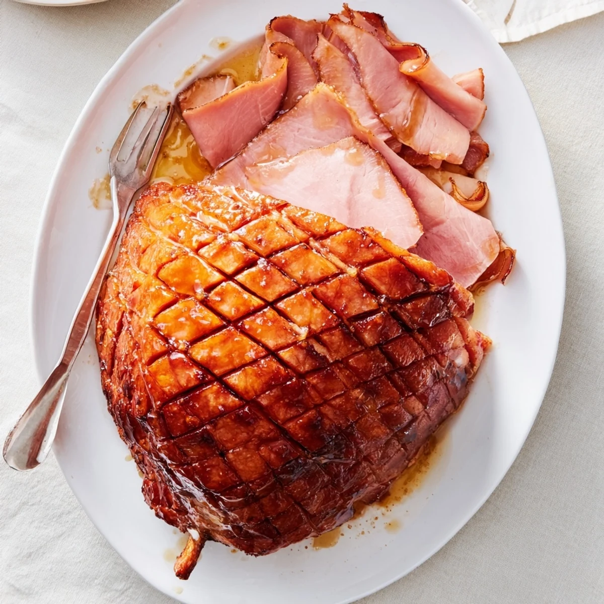 A whole Baked Ham with Maple Dijon Glaze rests on a roasting pan, brushed with a glossy sweet glaze.