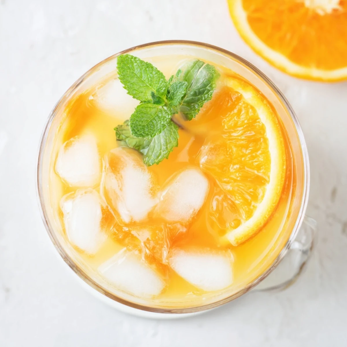 A tall glass of Refreshing Coconut Orange Glow over ice, with an orange slice and mint leaves garnishing the vibrant, hydrating beverage.