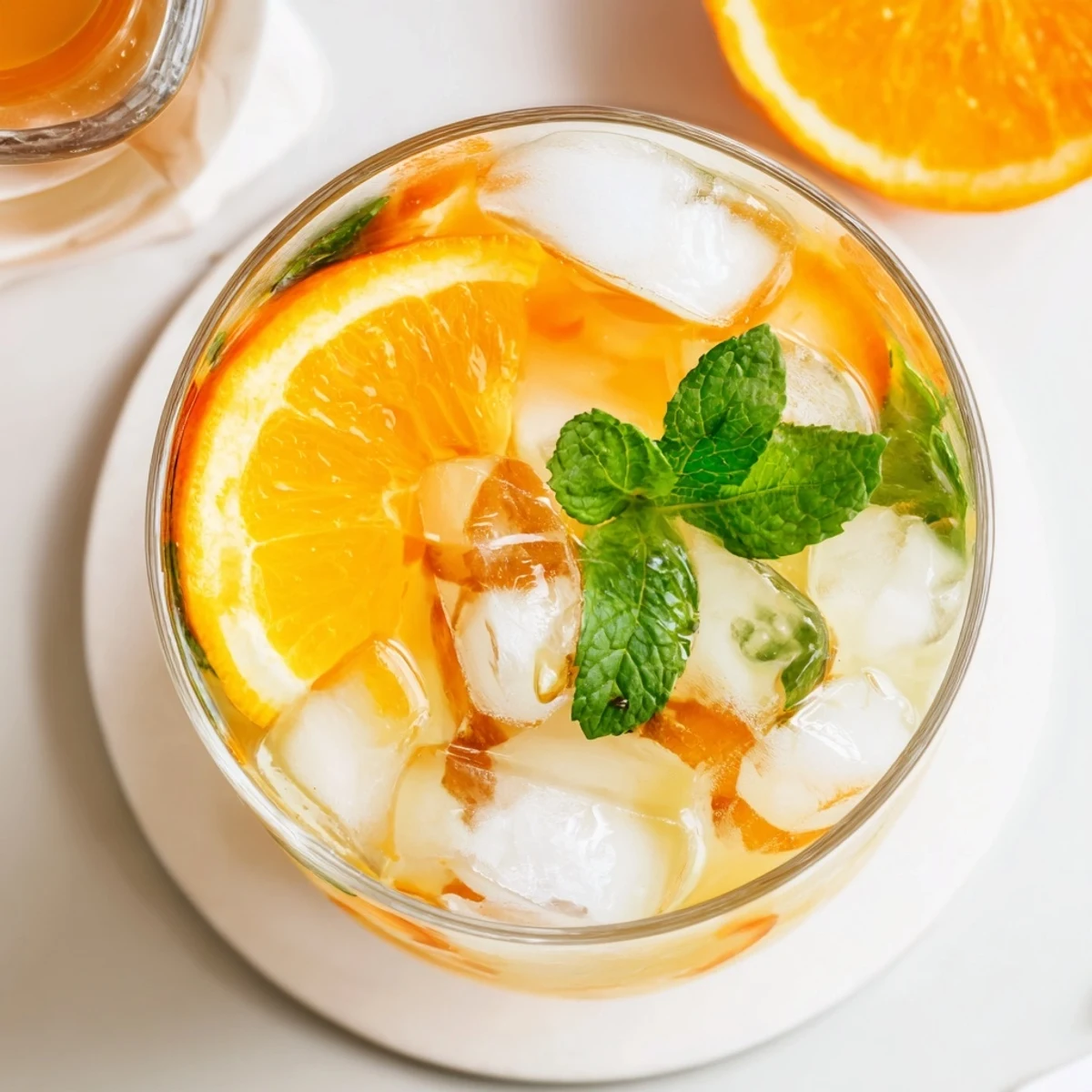 Close-up of Refreshing Coconut Orange Glow in a pitcher, showing fresh orange juice and coconut water with ginger and lime ready to be poured.