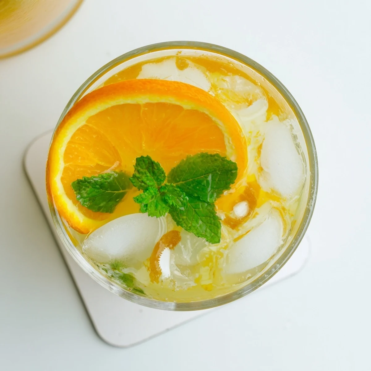 Refreshing Coconut Orange Glow served in a clear glass with ice cubes, a mint sprig, and a bright orange wheel for a tropical touch.