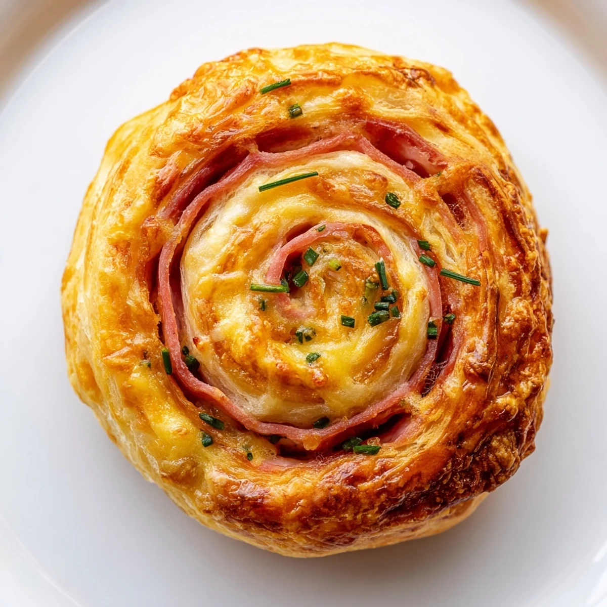 Golden-brown Ham and Cheese Pinwheels fresh from the oven, with melted cheese visible in the flaky puff pastry swirls.