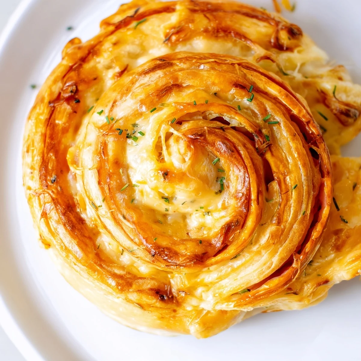 A close-up of one Ham and Cheese Pinwheel broken open to show the steamy, savory ham and melted cheese filling.