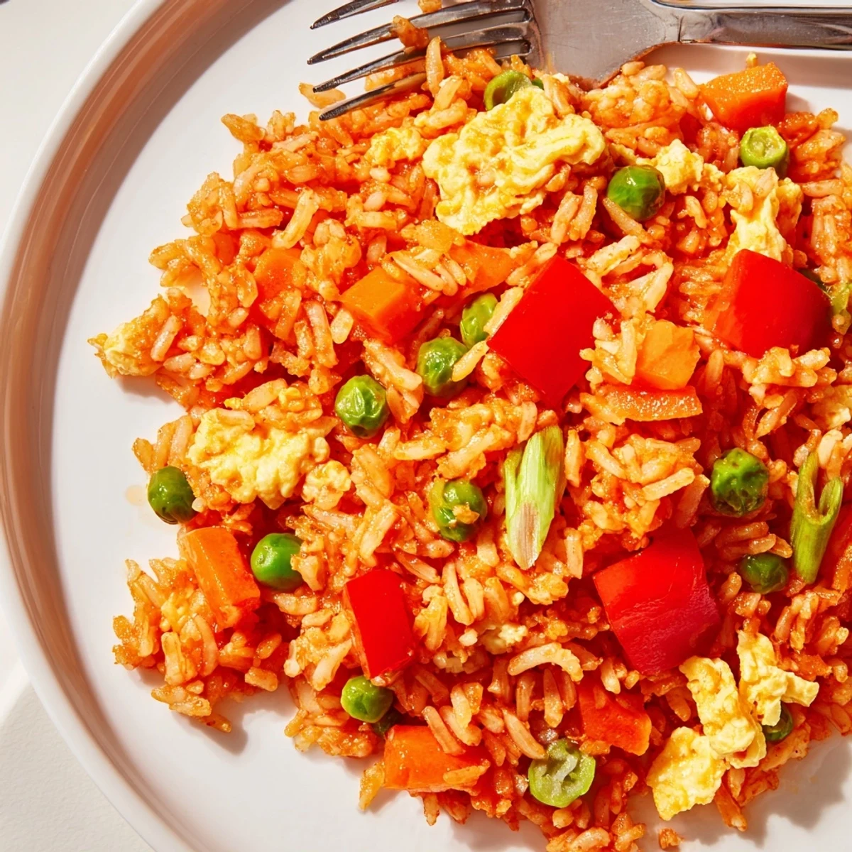 Vibrant Bang Bang Fried Rice loaded with colorful peppers and peas in a wok, drizzled with creamy sauce.