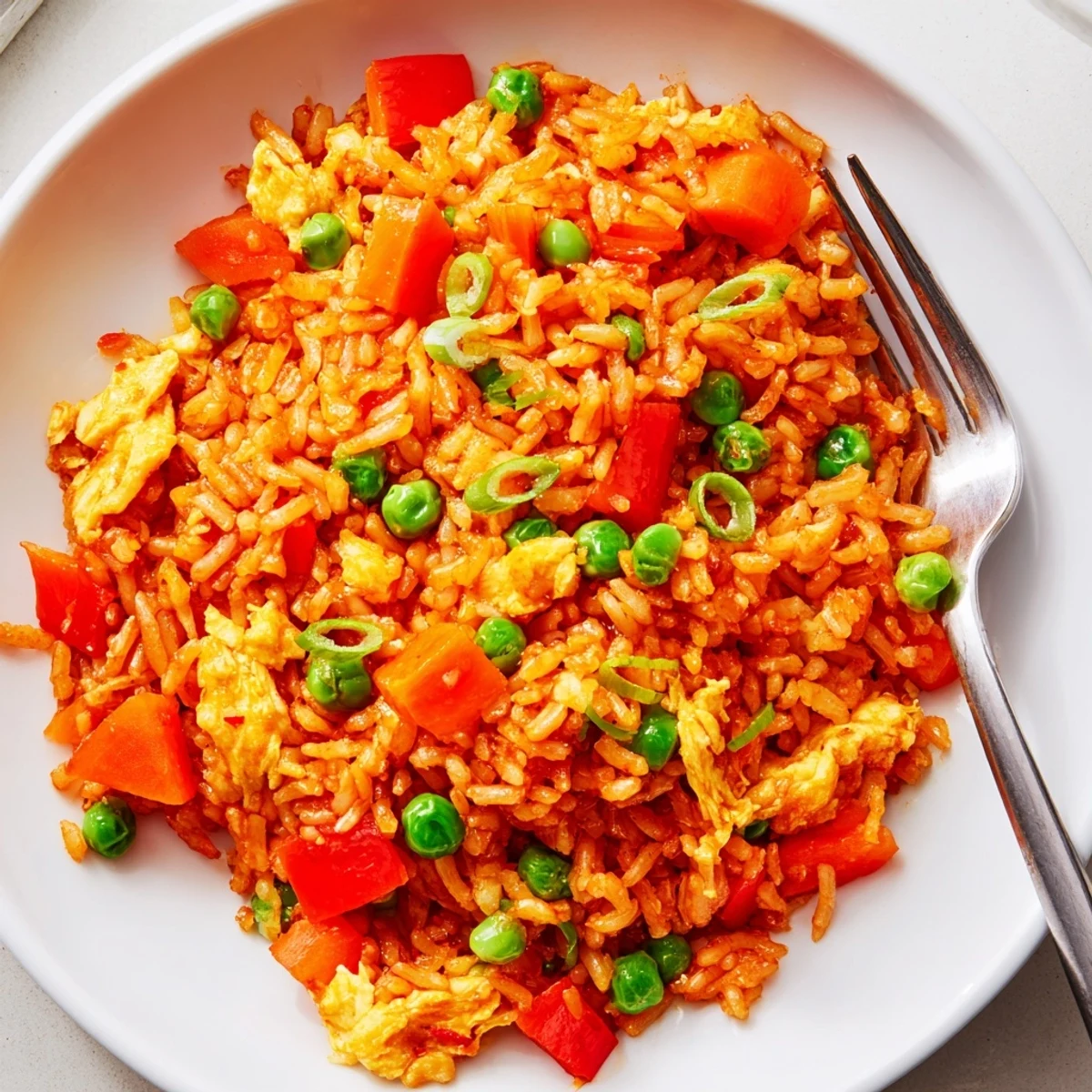 Hot Bang Bang Fried Rice sizzling in skillet, featuring scrambled eggs and carrots tossed in tangy sauce.