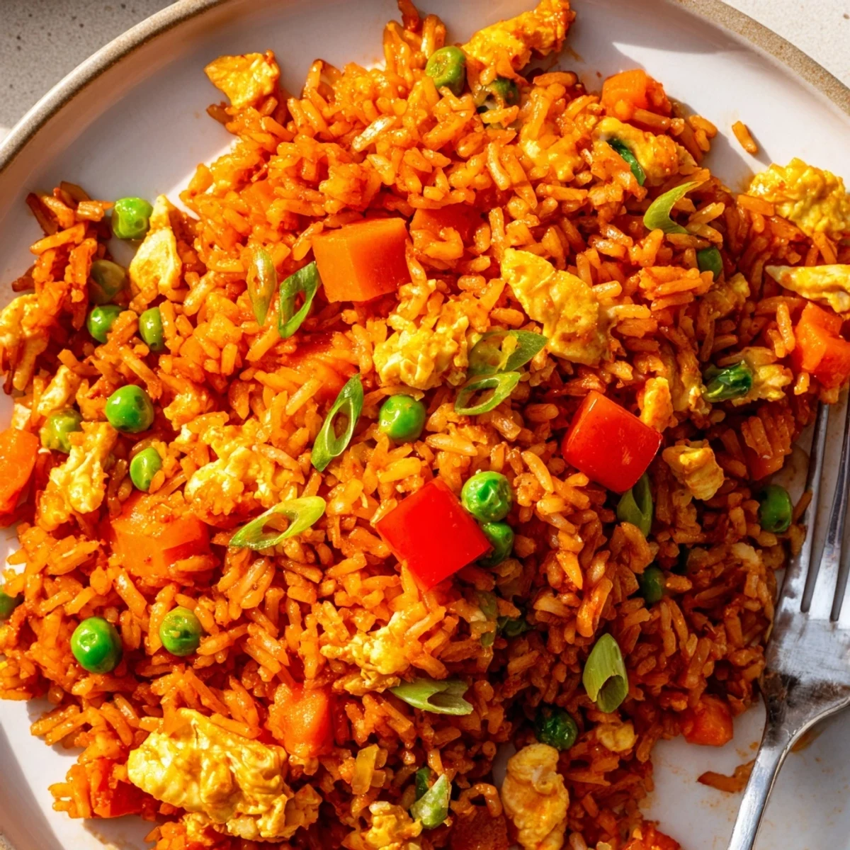 Spicy Bang Bang Fried Rice with fluffy grains and crunchy veggies, garnished with green onions and lime wedge.