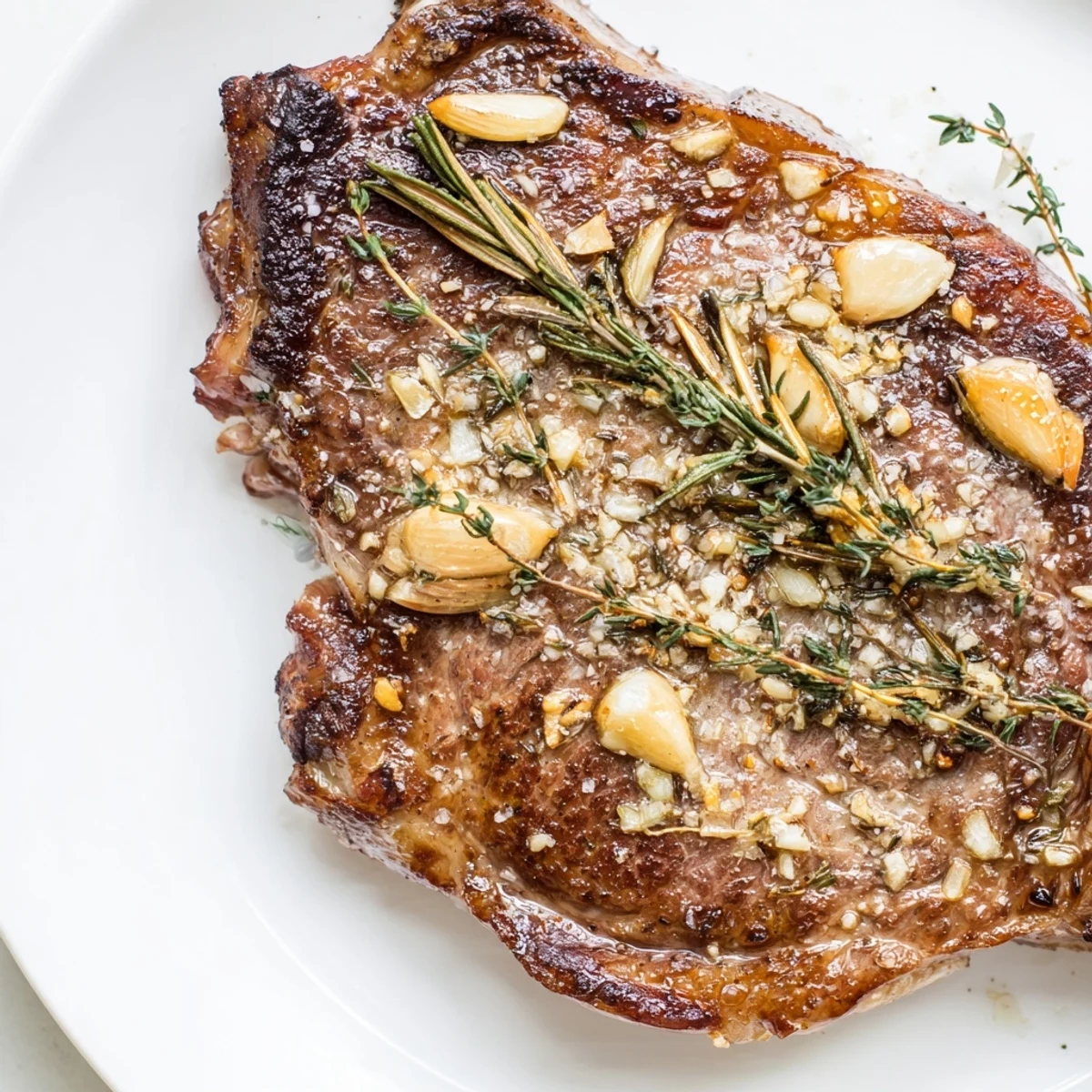 Golden-brown Pan Seared Ribeye Steak sizzling in a hot cast-iron skillet with melted butter and herbs.