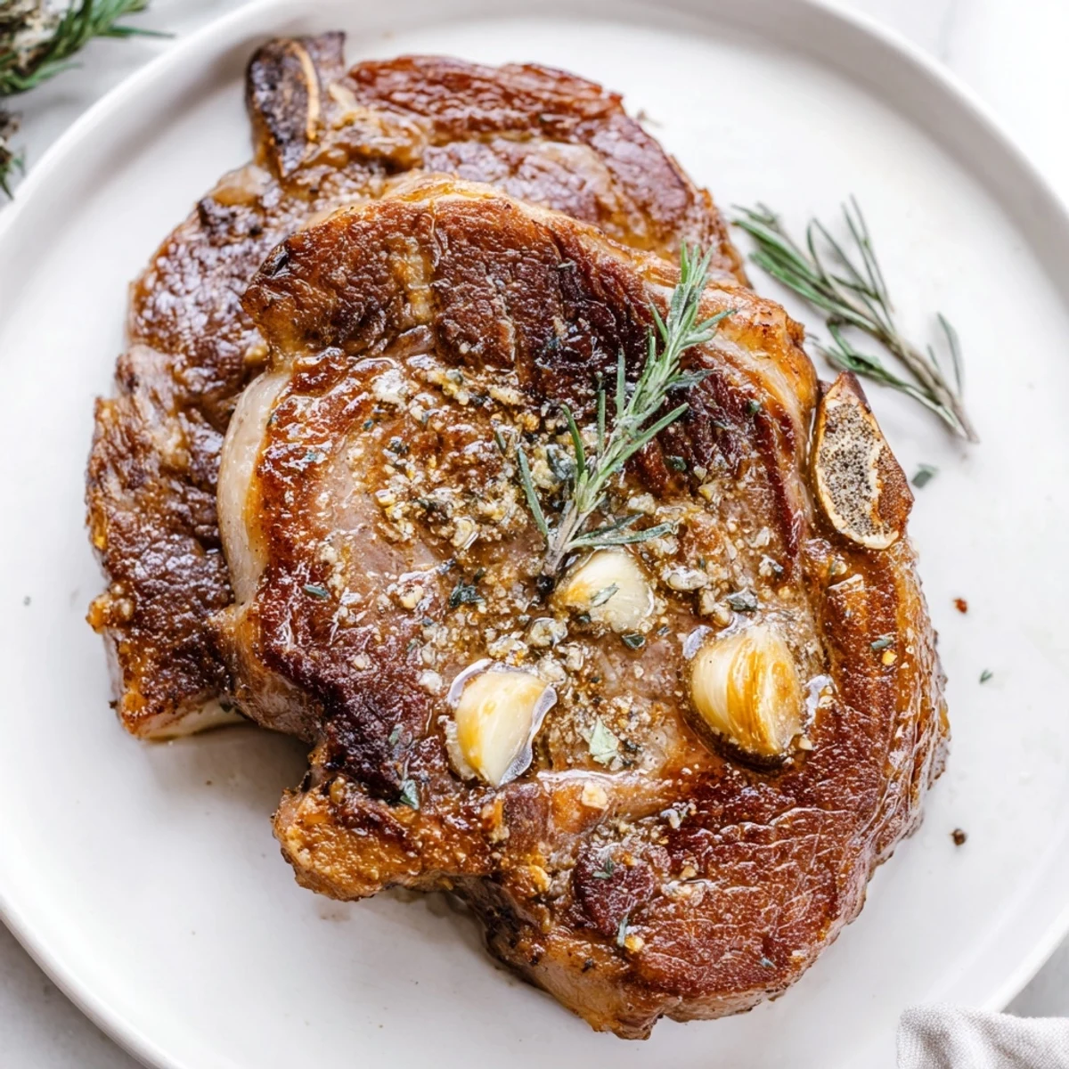 Freshly sliced Pan Seared Ribeye Steak showcasing a juicy pink interior, served with roasted potatoes and rosemary.