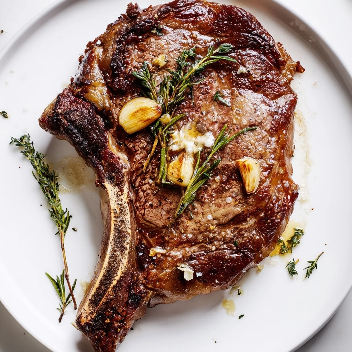 A close-up of Pan Seared Ribeye Steak with a caramelized crust, garnished with garlic and fresh thyme sprigs.