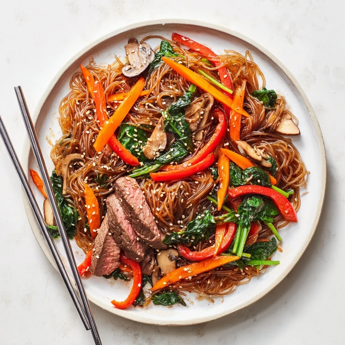 A close-up of Korean Beef Noodles in a white bowl, showing tender beef slices and glossy dangmyeon noodles.