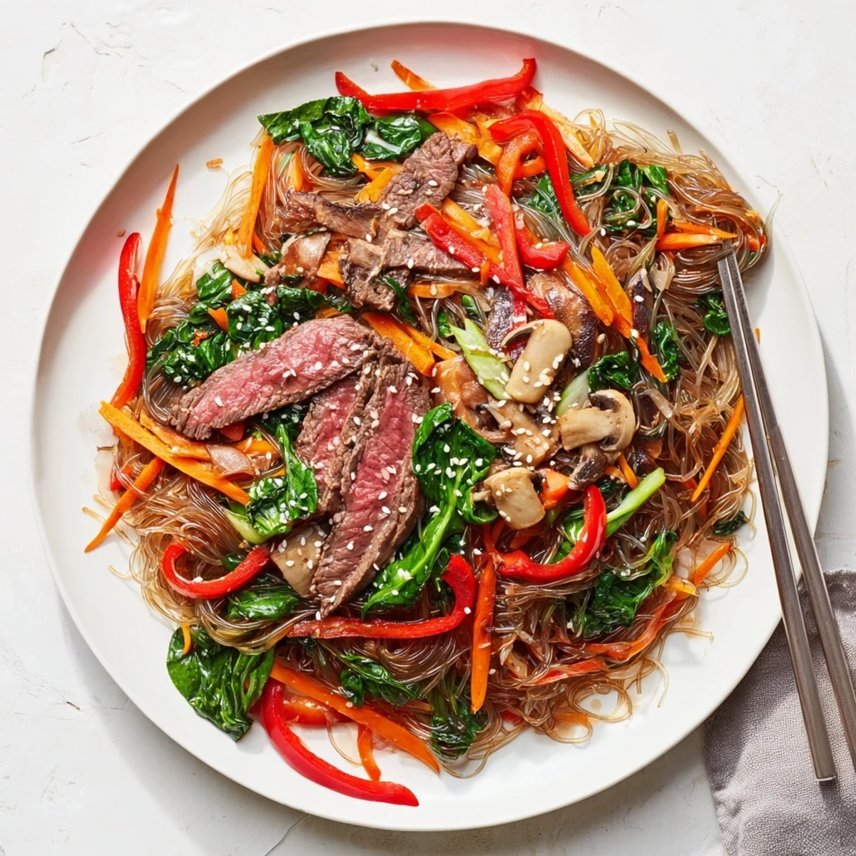 Garnished with sesame seeds and scallions, a steaming plate of Korean Beef Noodles is ready to serve.