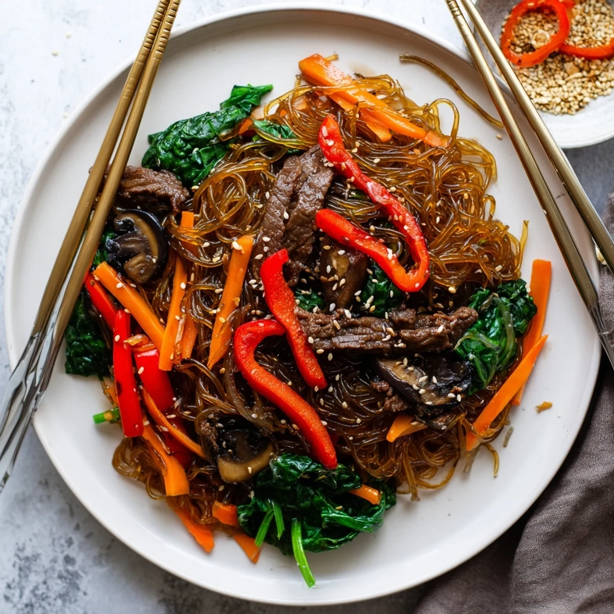 In a skillet, Korean Beef Noodles are tossed with colorful carrots and bright red bell peppers.