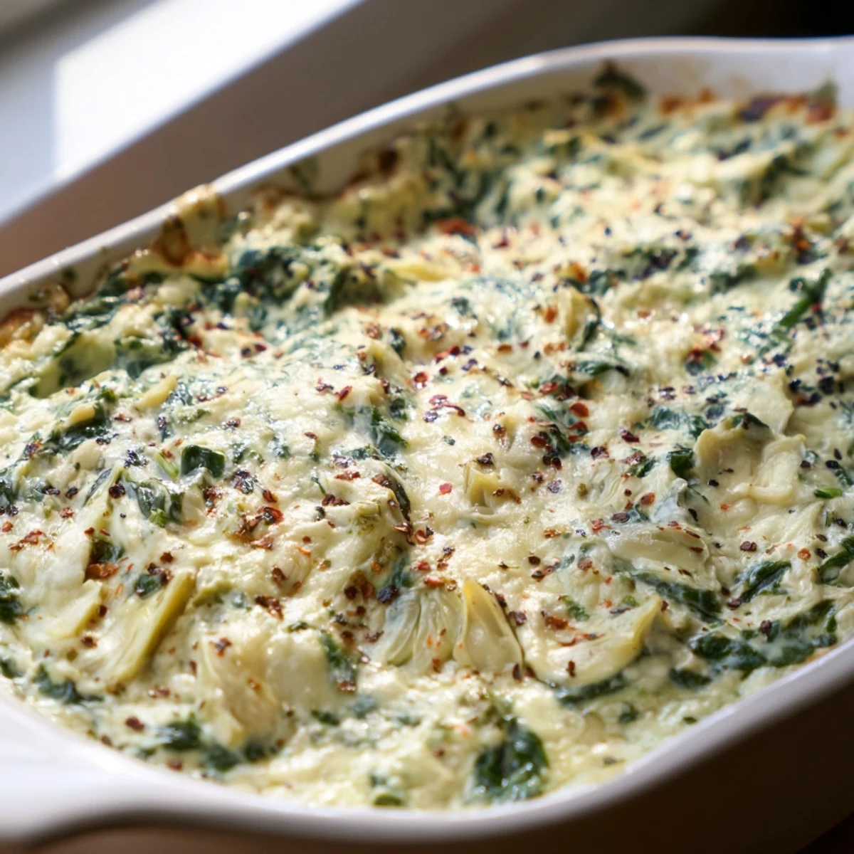 Close-up of golden, bubbly Spinach Artichoke Dip Ultimate Recipe fresh from the oven, served in a ceramic dish with crispy tortilla chips nearby.