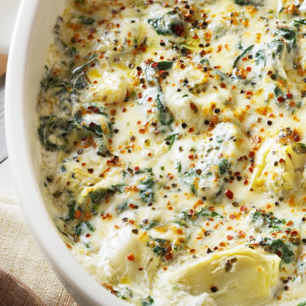 Spinach Artichoke Dip Ultimate Recipe in a baking dish, melted cheese and vibrant green spinach and artichoke pieces creating a creamy texture.
