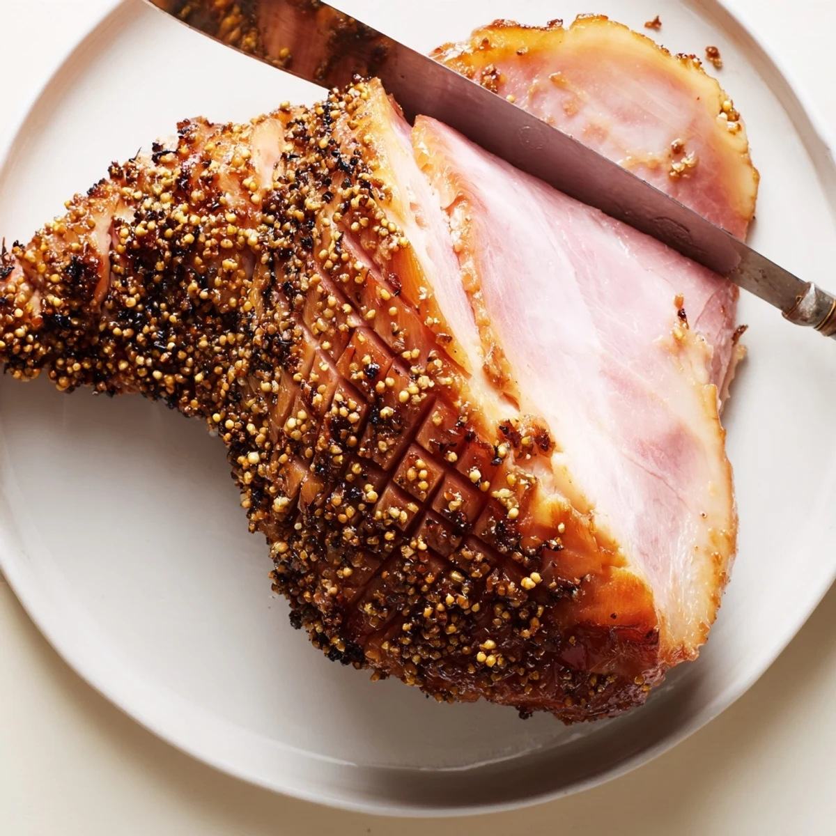 A close-up of sliced Brown Sugar Mustard Glazed Ham, showing juicy meat with a caramelized, sticky glaze.