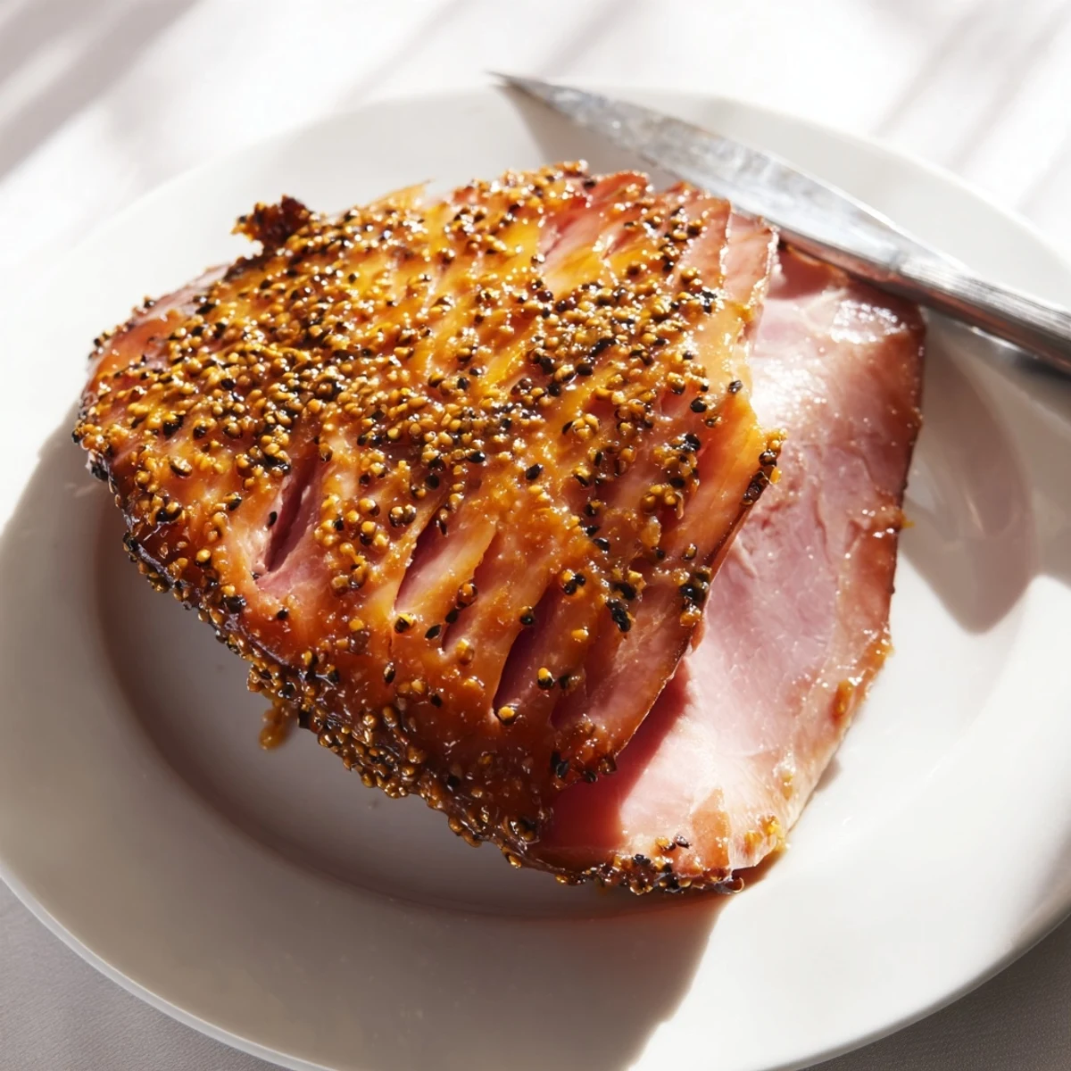 Serving suggestion for Brown Sugar Mustard Glazed Ham, sliced portions plated beside roasted vegetables and scalloped potatoes.