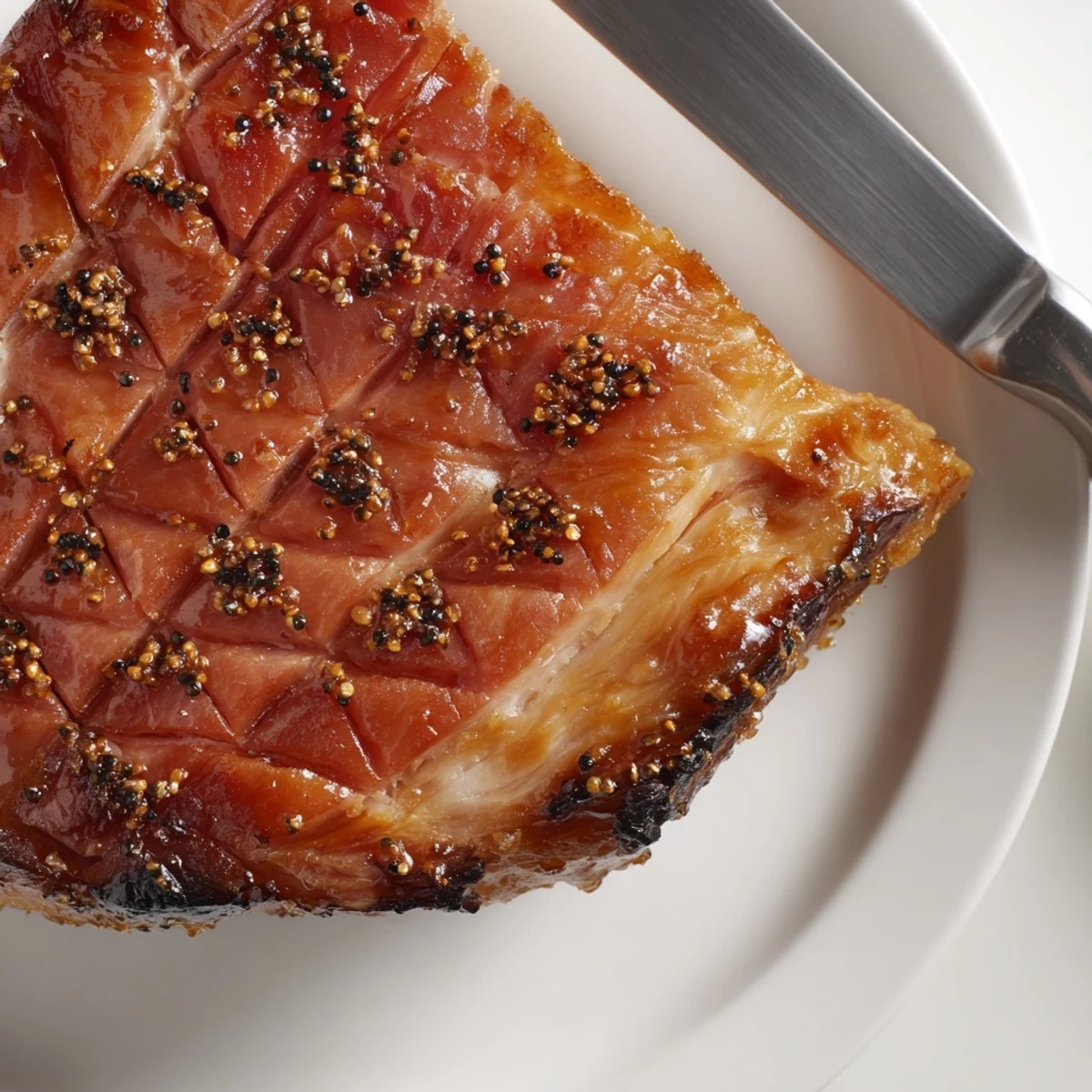 A whole Brown Sugar Mustard Glazed Ham fresh from the oven, glistening with golden-brown sauce and visible spice cloves.