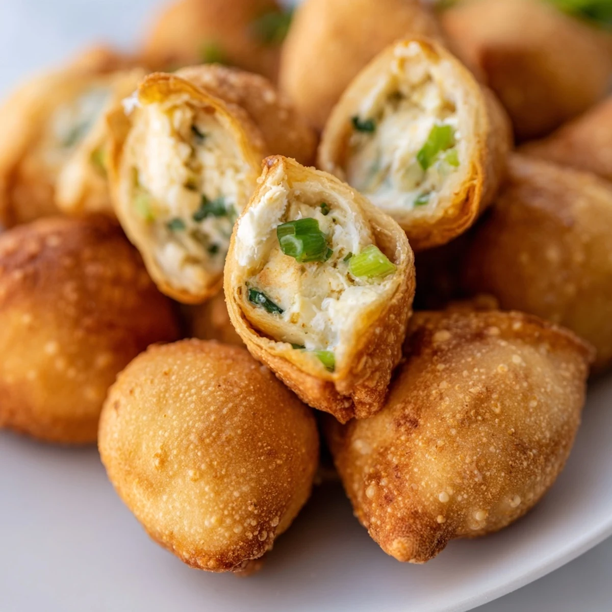 Golden-brown Crispy Crab Rangoon Bombs with creamy filling served with sweet chili dipping sauce.