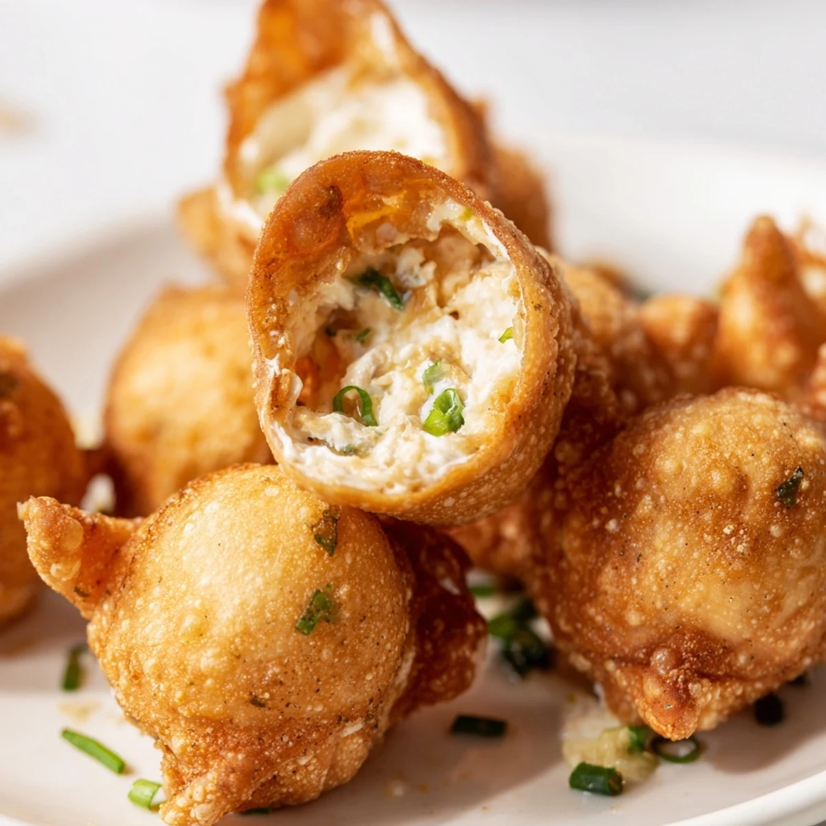 Crispy Crab Rangoon Bombs stacked on a platter, revealing rich cream cheese and crab filling.