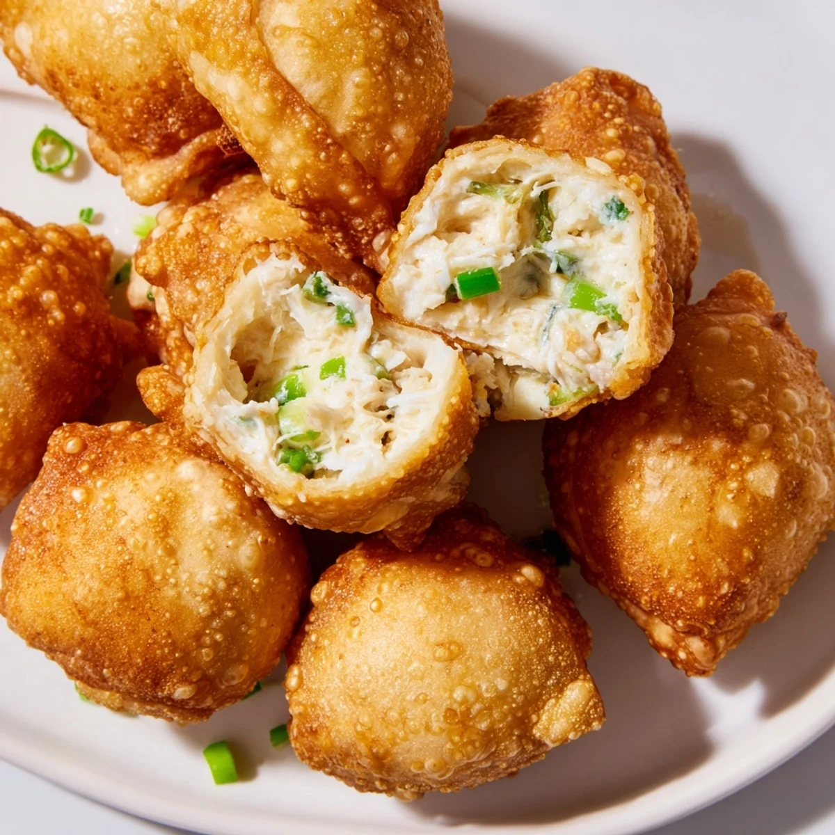 Bite-sized Crispy Crab Rangoon Bombs with crunchy wonton shells and garnish of fresh chives.