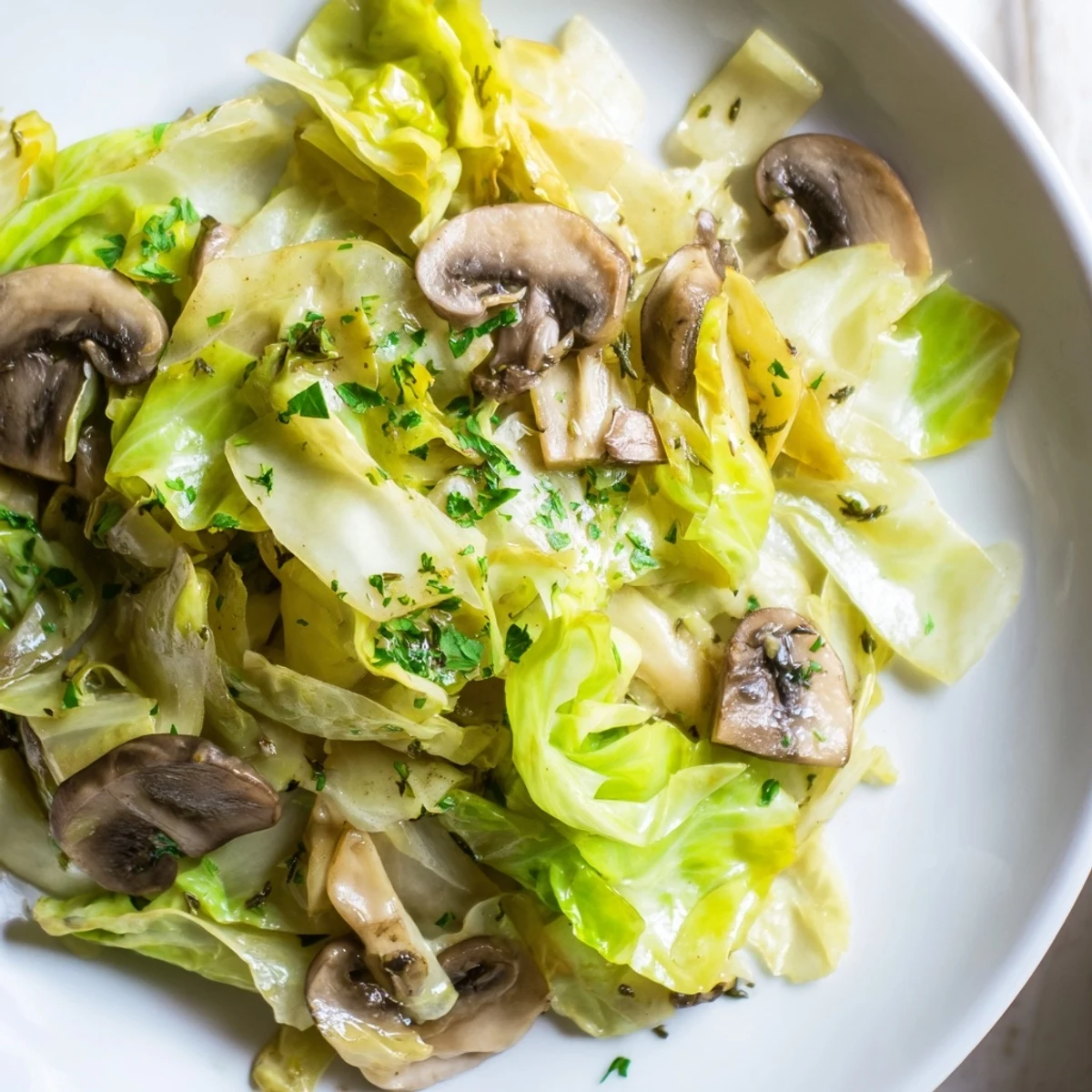 A close-up of Vegetarian Cabbage Mushroom Sauté with golden-brown mushrooms and tender green cabbage in a rustic pan.