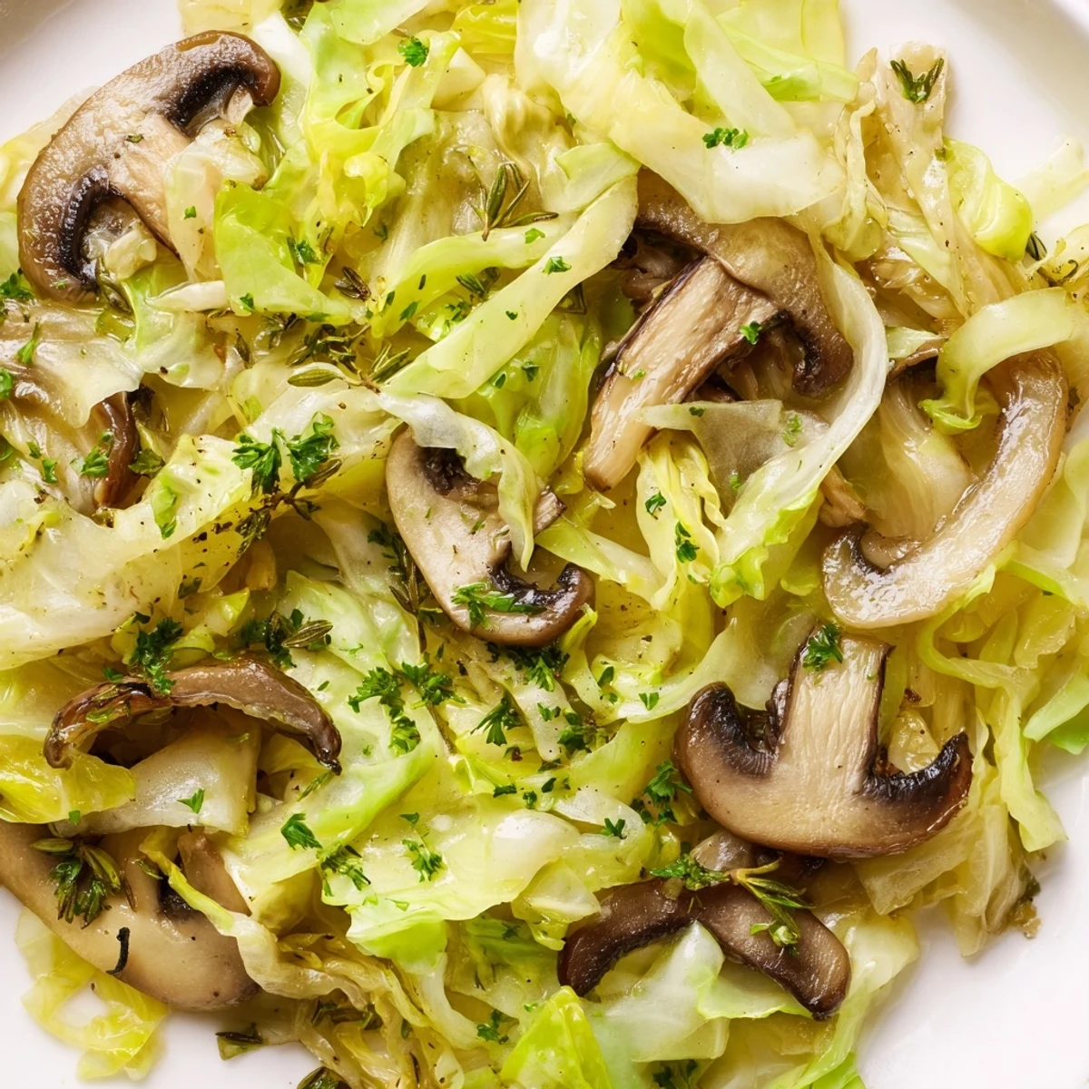 Steam rises from a skillet of Vegetarian Cabbage Mushroom Sauté garnished with fresh parsley and served alongside fluffy quinoa.