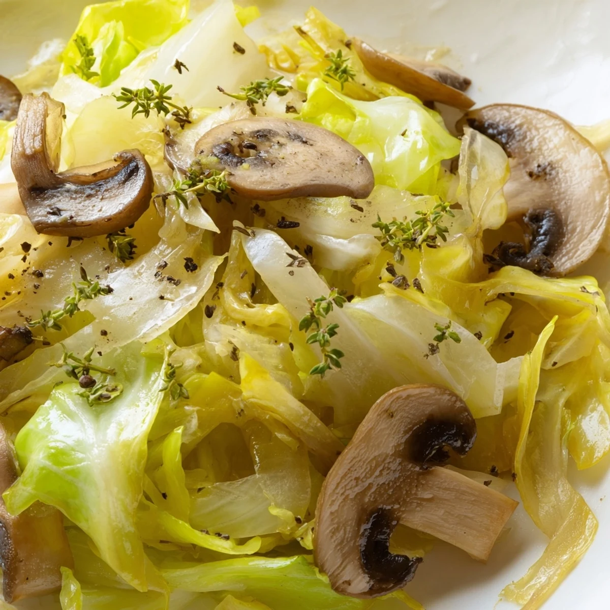 A fresh plate of Vegetarian Cabbage Mushroom Sauté features shredded cabbage, sautéed mushrooms, and a hint of lemon for brightness.