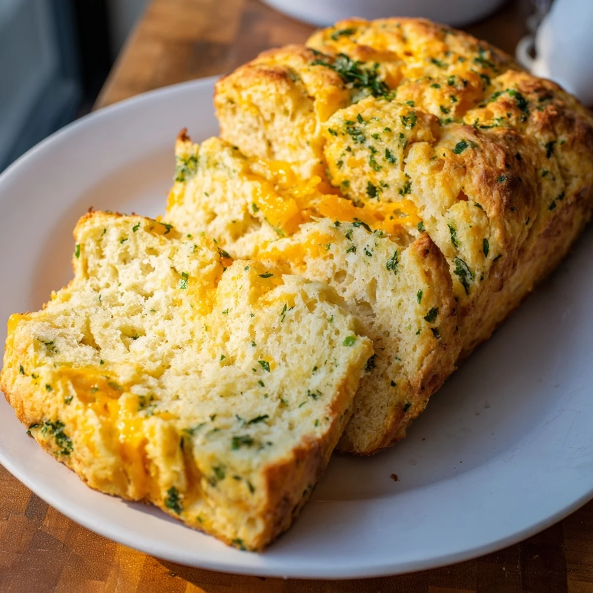 Golden slices of Red Lobsters Cheddar Bay Biscuit Loaf show melted cheddar and fresh parsley on a rustic wooden board.