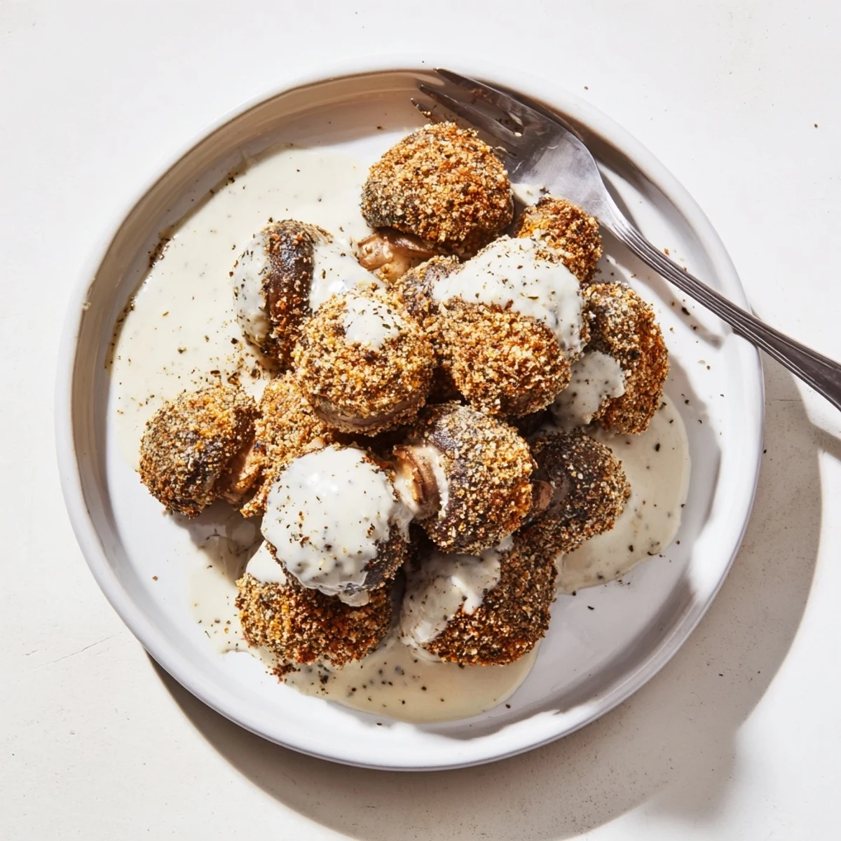 Mouthwatering image of Chicken Fried Mushrooms with Gravy served over fluffy mashed potatoes, ready to enjoy with a side of steamed green beans.