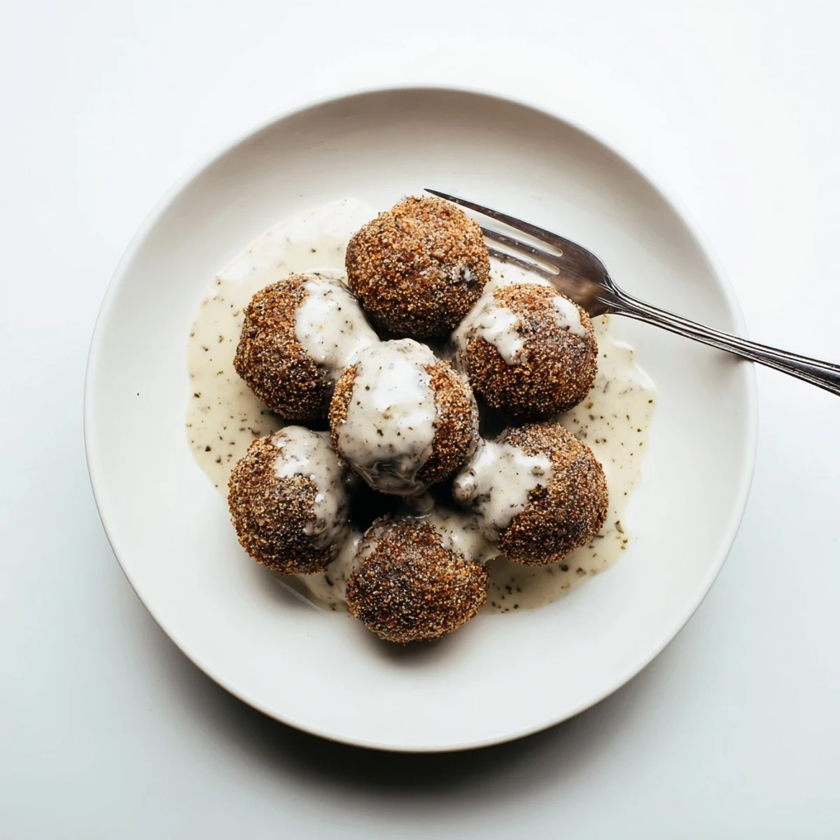 Golden-fried mushrooms with crispy crumbs arranged on a white plate, smothered with creamy peppered gravy for a comforting Southern-style vegetarian dinner.