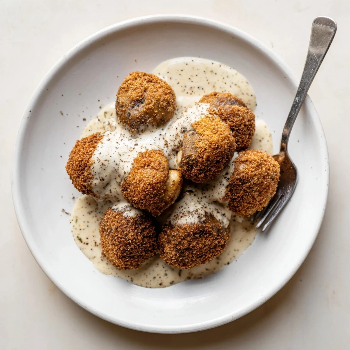 Close-up photo of juicy mushrooms coated in a crunchy golden crust, drenched in rich peppery gravy, perfect for a cozy weeknight meal.