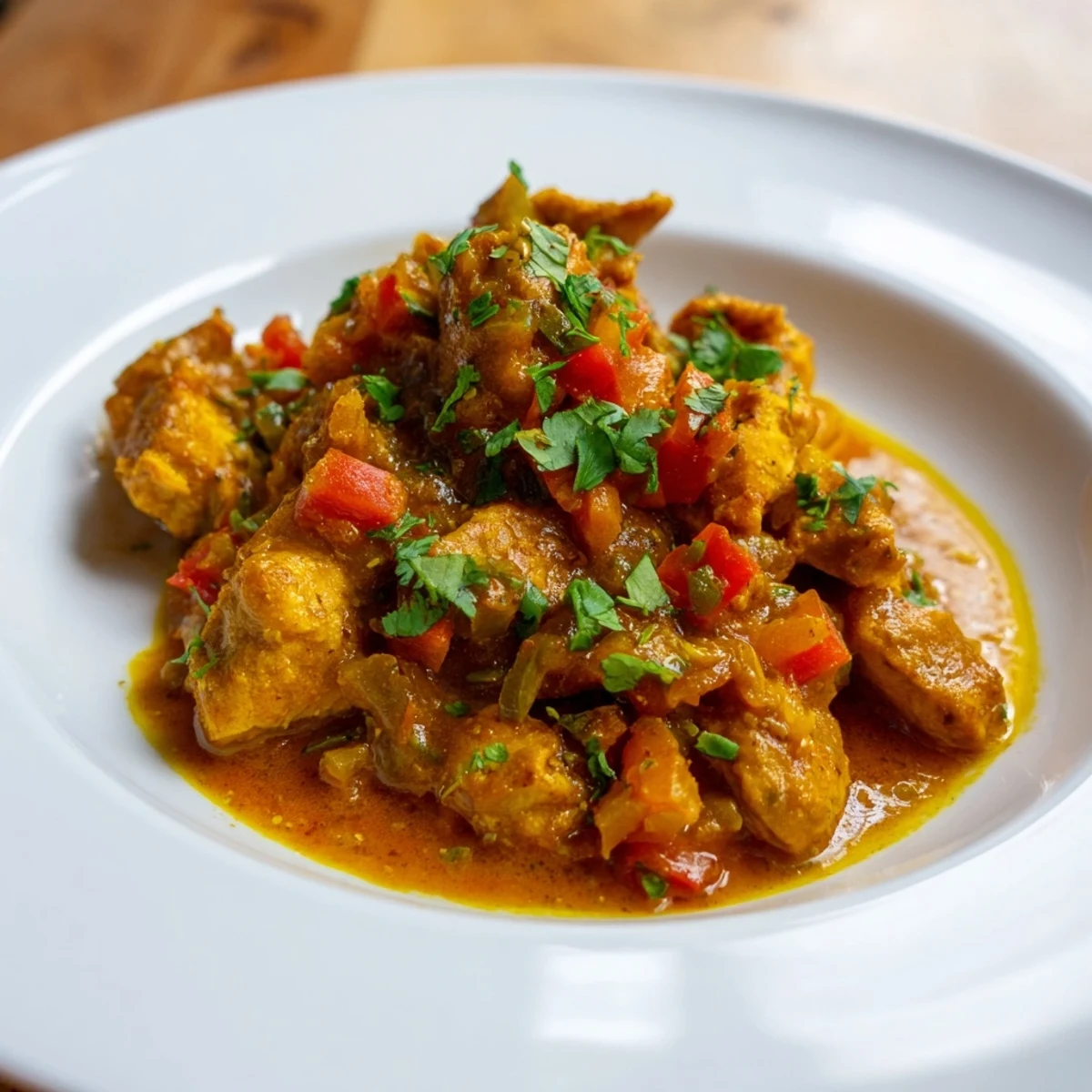 Close-up of tender chicken pieces in Spiced Chicken Curry with Ginger, Garlic & Jalapeño garnished with fresh cilantro.