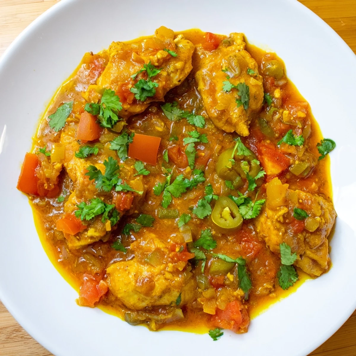 Steaming bowl of Spiced Chicken Curry with Ginger, Garlic & Jalapeño served over fluffy basmati rice.