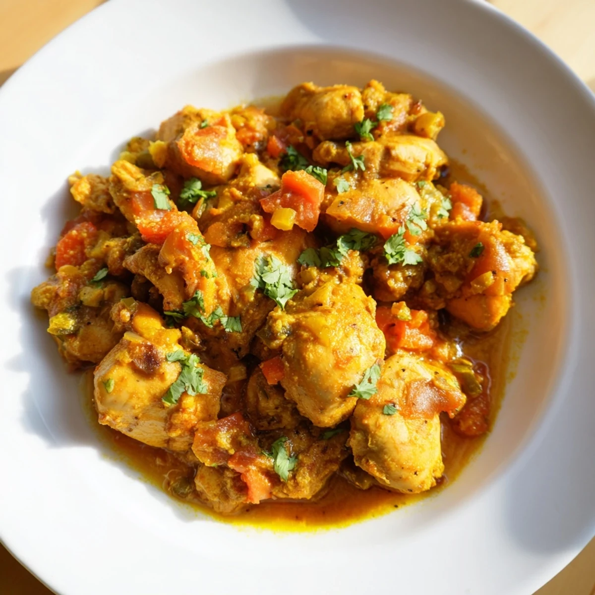 Spiced Chicken Curry with Ginger, Garlic & Jalapeño simmering in a pot, revealing a rich, aromatic tomato sauce.