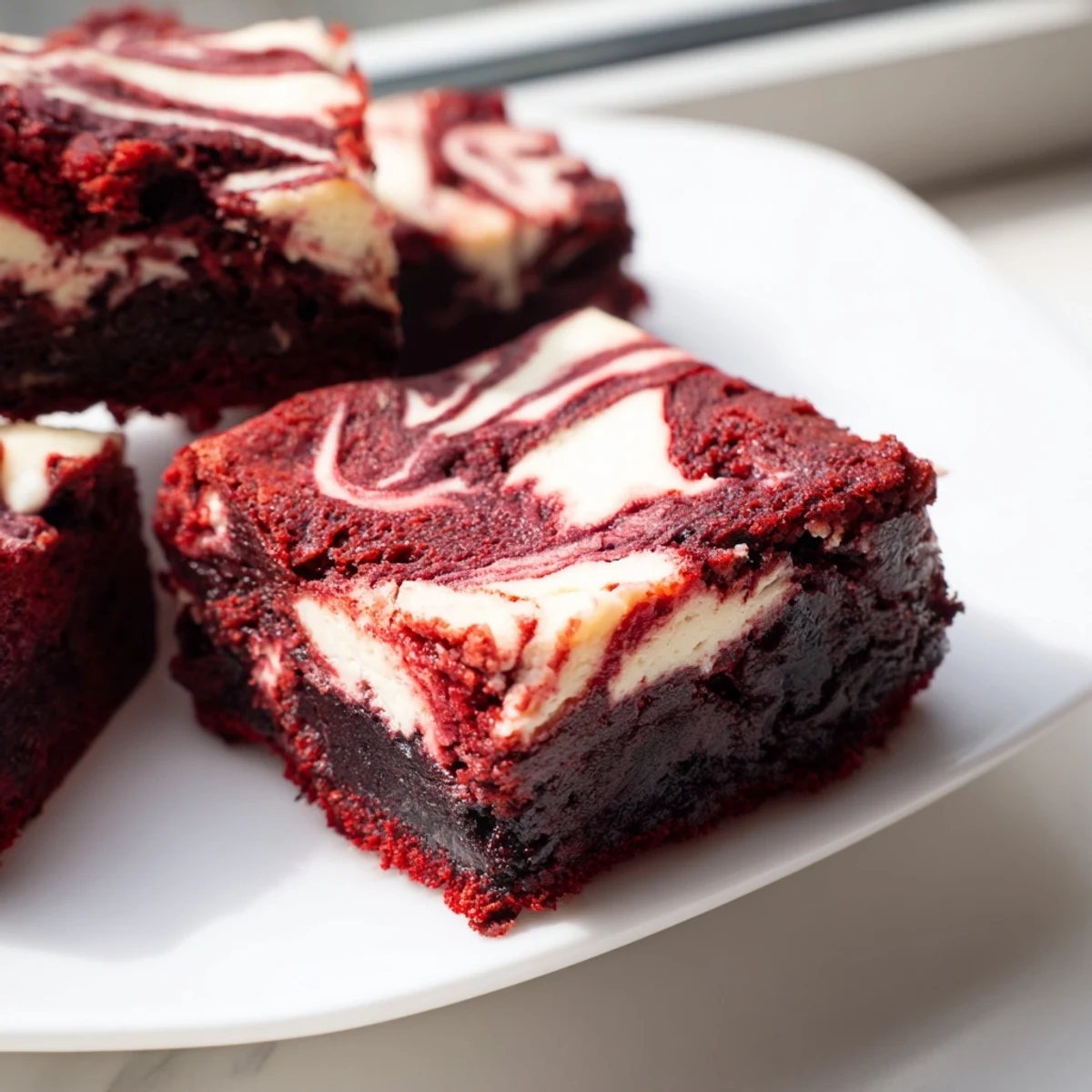 A close-up of Red Velvet Cheesecake Brownies with a rich red crumb and creamy swirls on a marble counter.