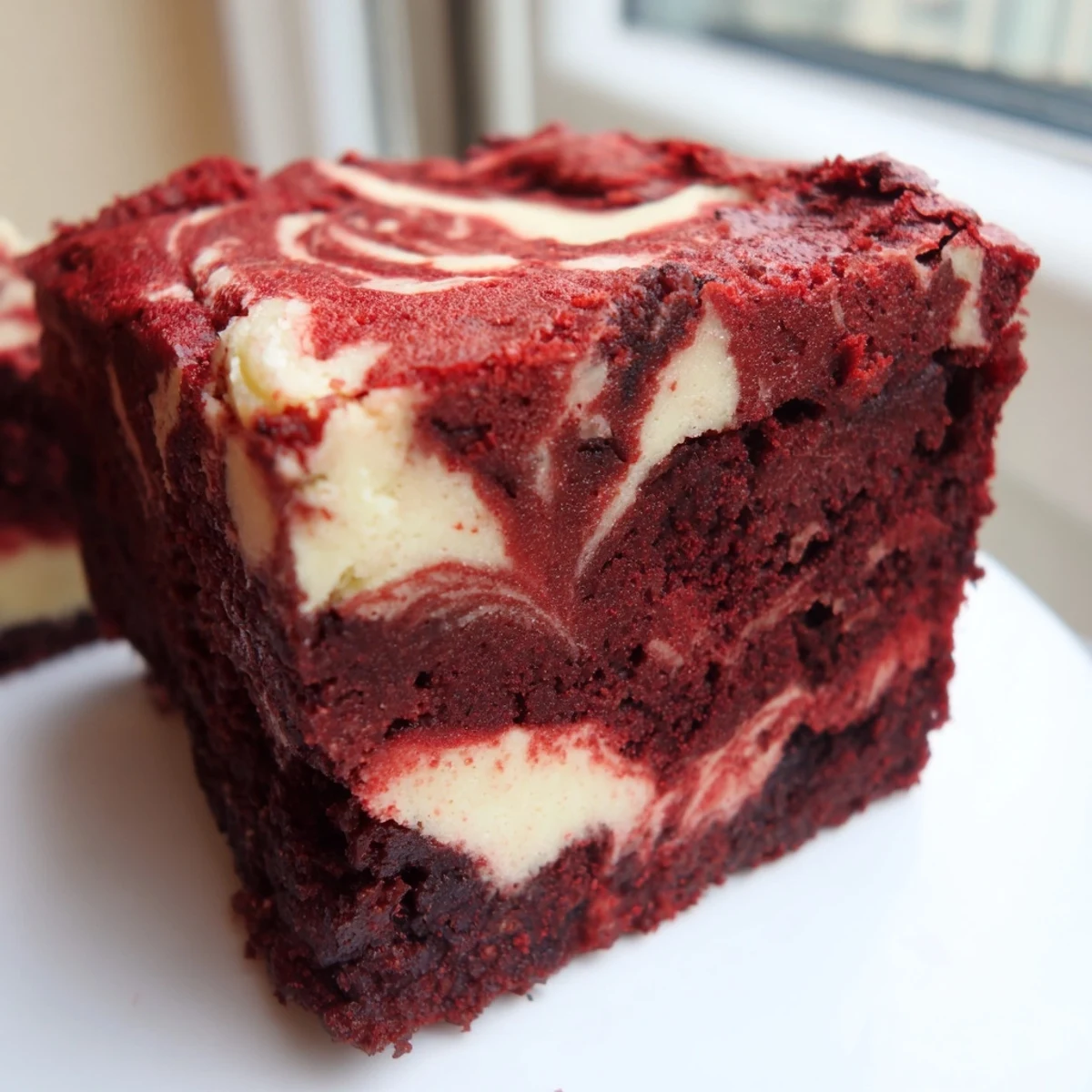 A single square of Red Velvet Cheesecake Brownies on a white plate with a glass of milk, ready to serve.