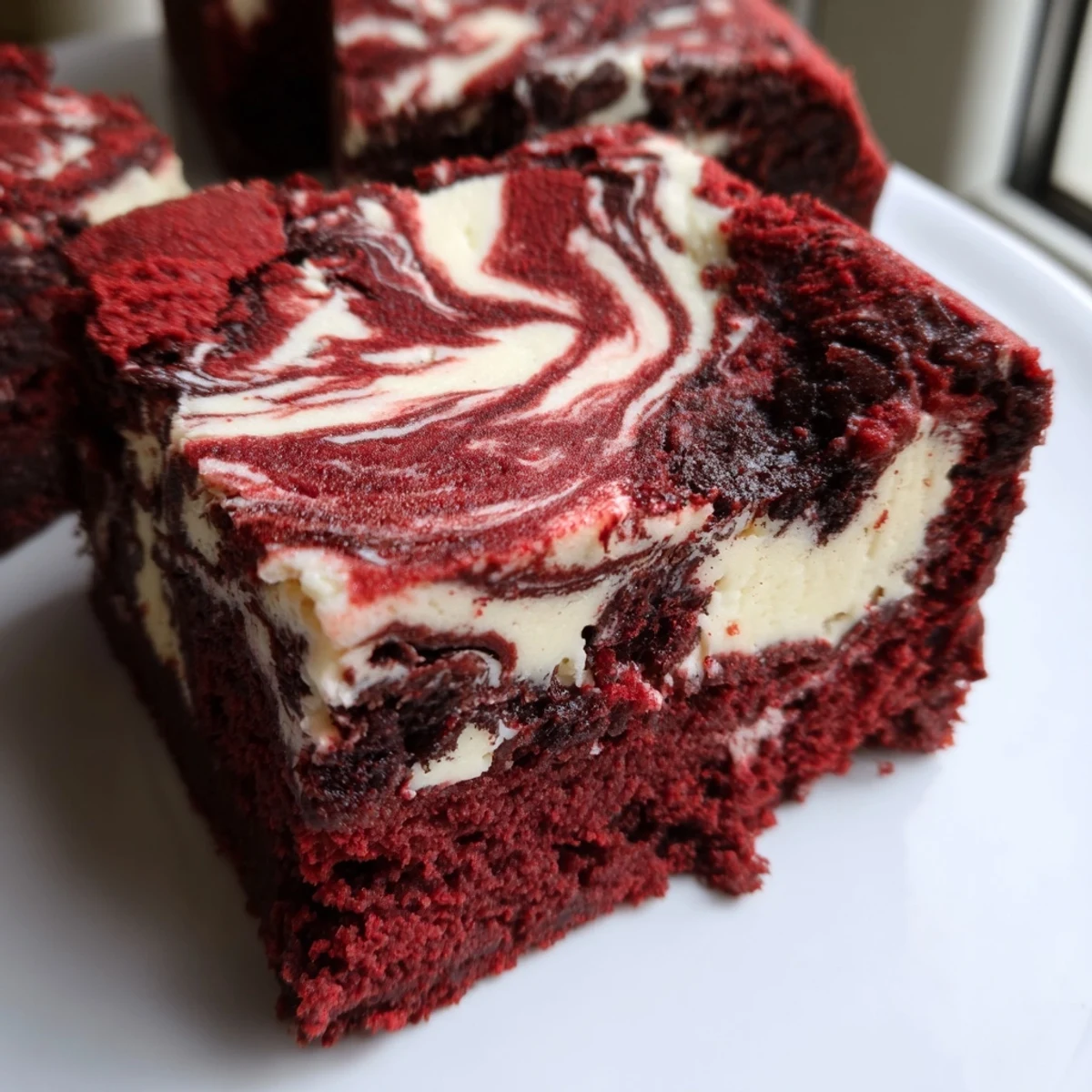 Two stacked Red Velvet Cheesecake Brownies showing fudgy layers and a cheesecake swirl on a rustic wooden board.