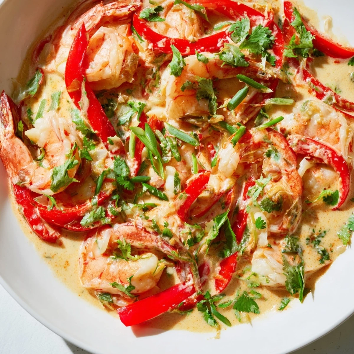 A colorful platter of Creamy Coconut Shrimp Buffet Style garnished with spring onions and bell peppers.
