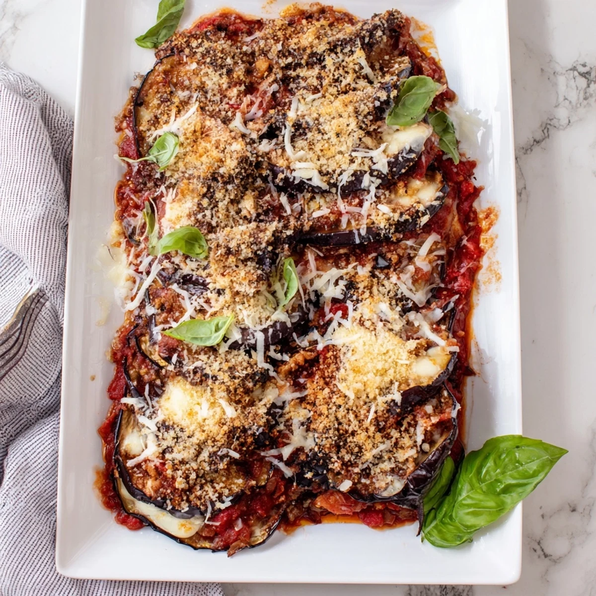 Golden baked Charred Aubergine Parmigiana in a ceramic dish, topped with melted mozzarella and fresh basil leaves for a classic Italian presentation.