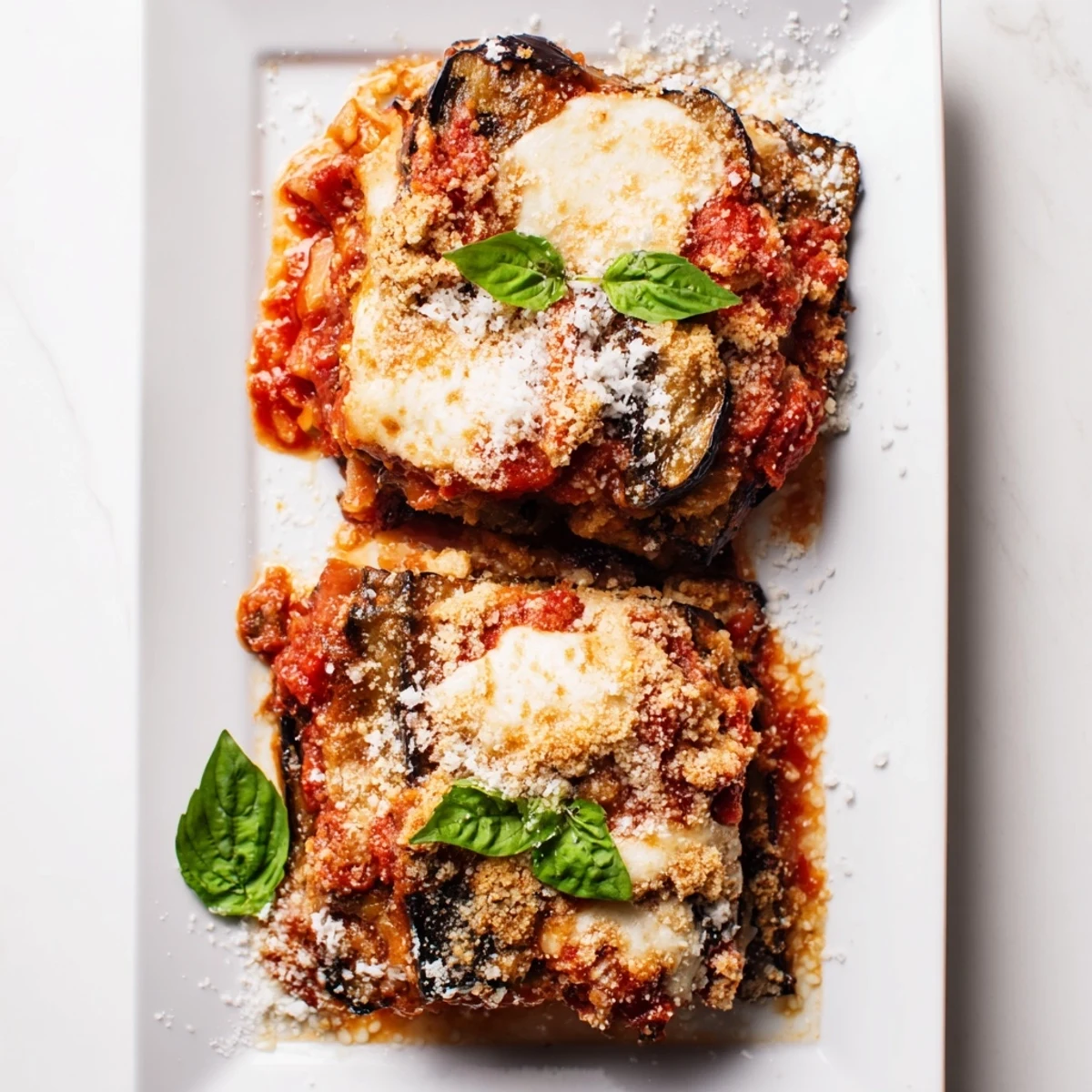 Sizzling charred aubergine slices layered with rich tomato sauce and tangy Parmesan, baked until bubbling and golden for a comforting vegetarian meal.