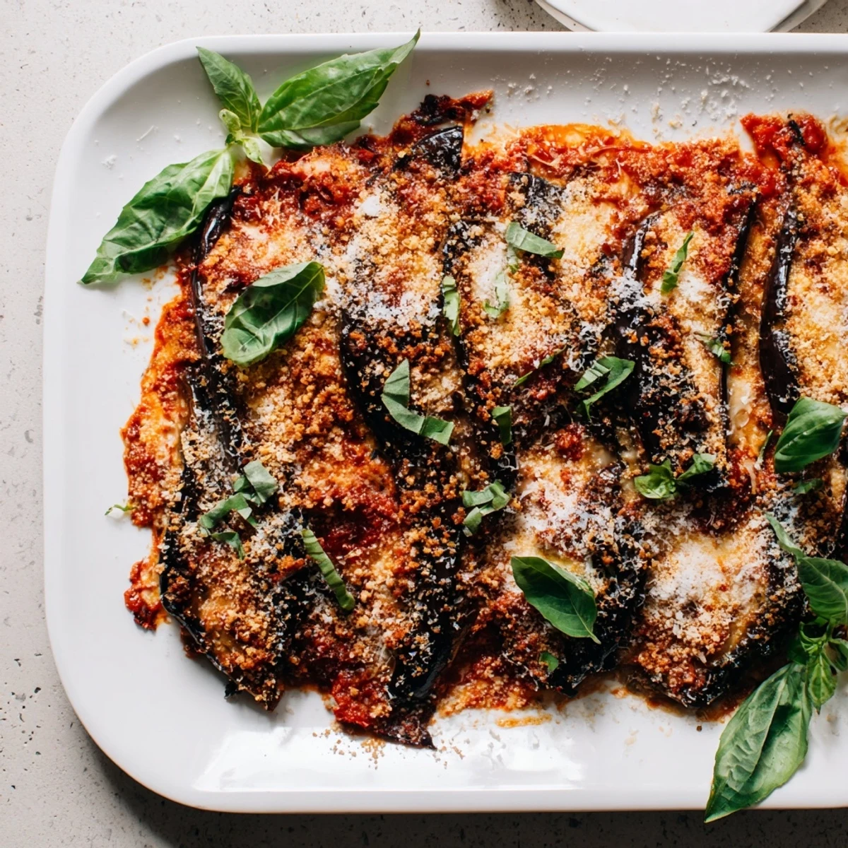 Close-up of Charred Aubergine Parmigiana with smoky eggplant, creamy mozzarella, and vibrant basil, served alongside crusty bread on a rustic wooden table.