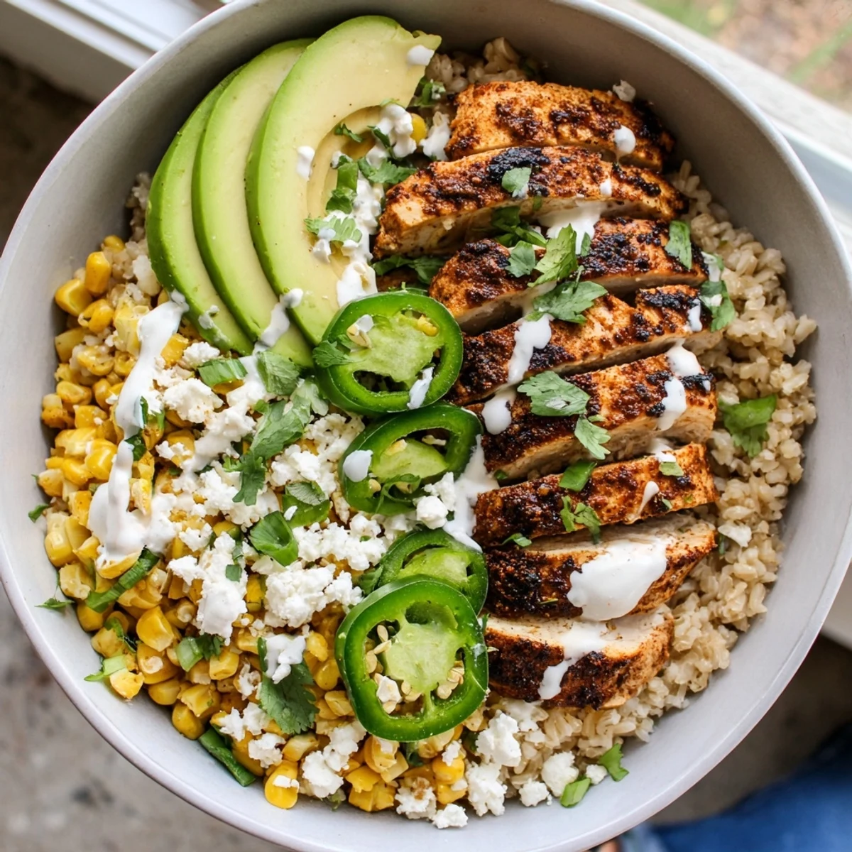 A close-up of the Street Corn Chicken Bowl with juicy grilled chicken slices nestled on warm rice, charred corn, creamy crema, and fresh cilantro for a Mexican-inspired meal.