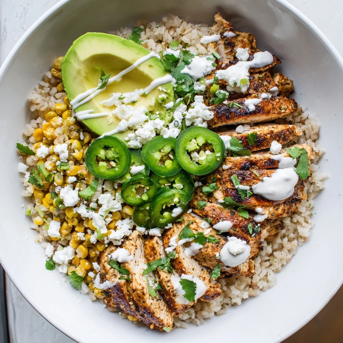 Perfectly assembled Street Corn Chicken Bowl serving suggestion showing sliced avocado, cotija cheese crumbles, and lime wedges alongside vibrant grilled chicken and smoky corn over a bed of rice.