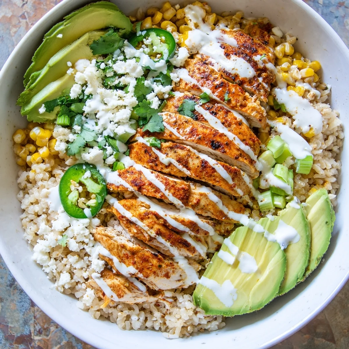 ThisStreet Corn Chicken Bowl features tender grilled chicken, golden charred corn, tangy crema drizzle, and colorful toppings like cilantro and jalapeño, ready to serve on a bed of brown rice.