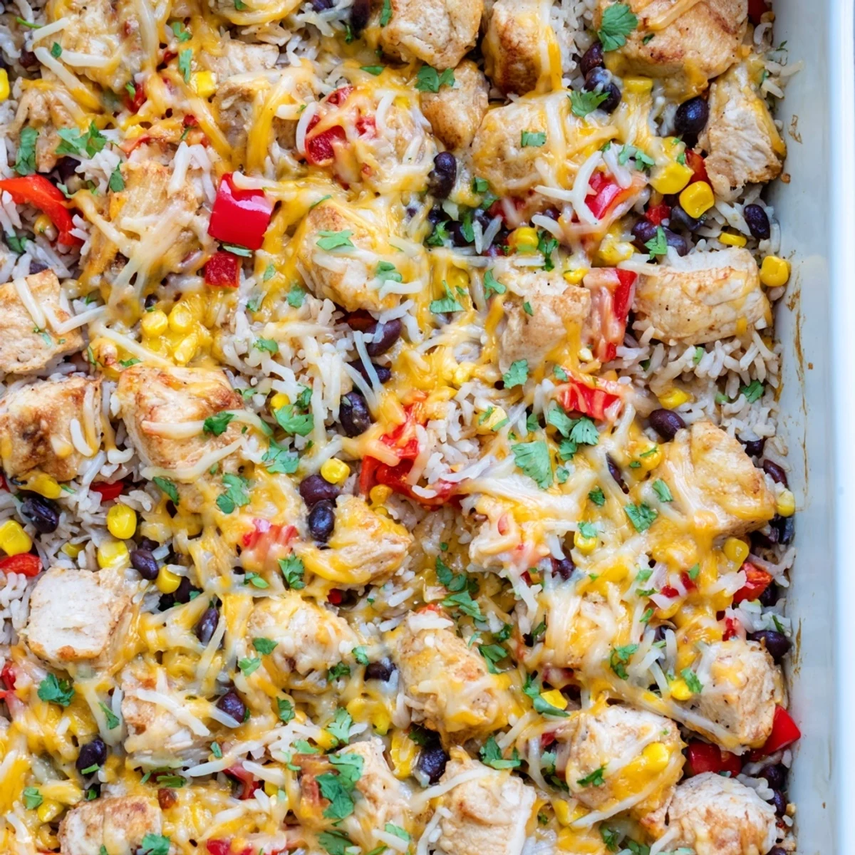 A close-up of Mexican Chicken and Rice Bake with melted cheese, cilantro, and jalapeños on top.