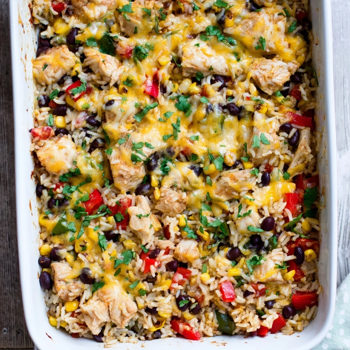 Golden Mexican Chicken and Rice Bake bubbling from the oven, served with sour cream and lime wedges.