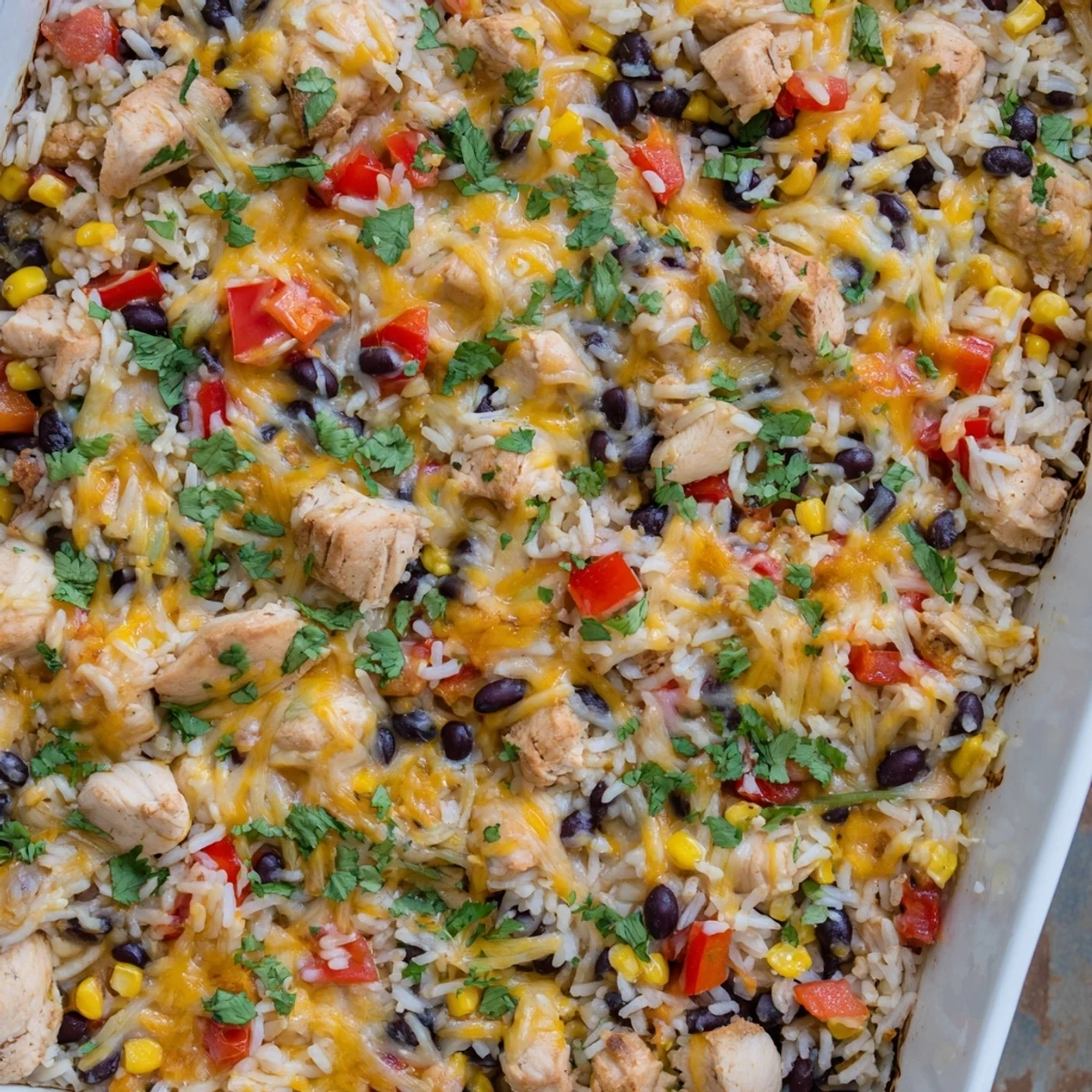Freshly baked Mexican Chicken and Rice Bake in a casserole dish, garnished with cilantro and jalapeños.